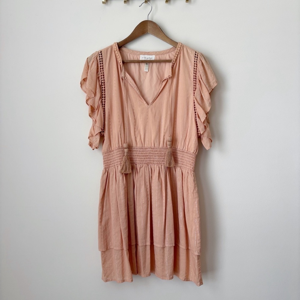 A La Plage Peach Metallic Smocked Dress XS Summer Boho